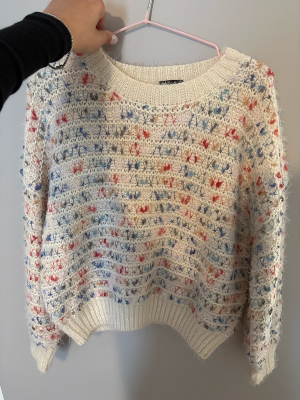 Cream Speckled Crewneck Sweater with Multicolor Accents